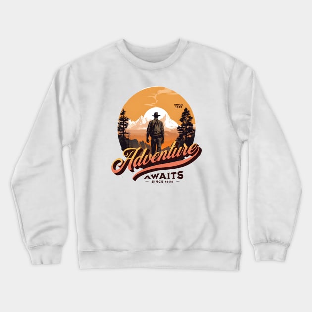 Adventure Awaits - Since 1935 - Sunset - Outdoors, Camping, Hiking, Adventure Crewneck Sweatshirt by Fenay-Designs